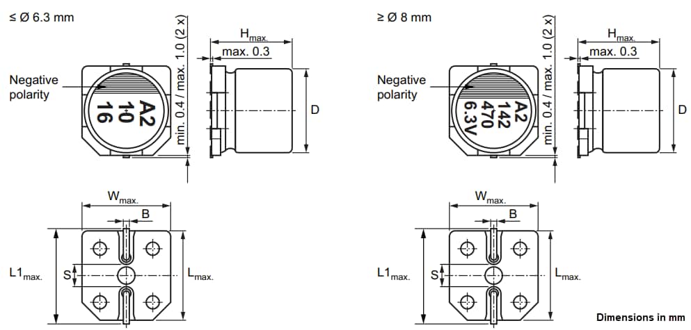 Plan mécanique - Vishay / BC Components Condensateurs électrolytique en aluminium CVZ 142